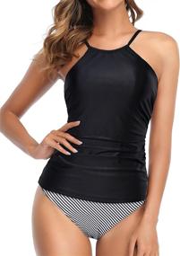 img 4 attached to 👙 Stylish Tempt Me Tankini Swimsuit: High Neck, Ruched Tummy Control Top + Shorts Two Piece Bathing Suit for Women