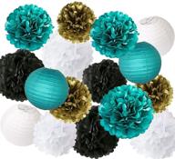🎉 furuix white teal black gold party decorations - tissue paper pom pom and lanterns set for teal theme party wedding, teal black bridal shower, teal baby shower, and teal wedding decorations logo