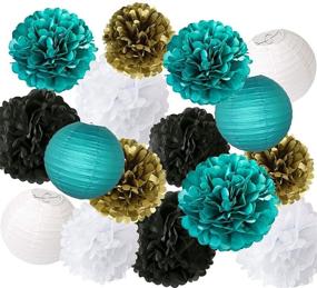img 4 attached to 🎉 Furuix White Teal Black Gold Party Decorations - Tissue Paper Pom Pom and Lanterns Set for Teal Theme Party Wedding, Teal Black Bridal Shower, Teal Baby Shower, and Teal Wedding Decorations