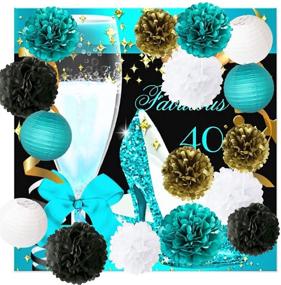 img 3 attached to 🎉 Furuix White Teal Black Gold Party Decorations - Tissue Paper Pom Pom and Lanterns Set for Teal Theme Party Wedding, Teal Black Bridal Shower, Teal Baby Shower, and Teal Wedding Decorations