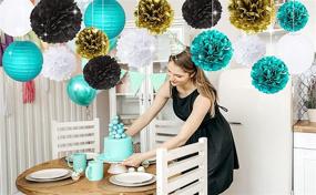 img 2 attached to 🎉 Furuix White Teal Black Gold Party Decorations - Tissue Paper Pom Pom and Lanterns Set for Teal Theme Party Wedding, Teal Black Bridal Shower, Teal Baby Shower, and Teal Wedding Decorations