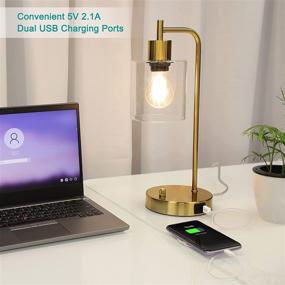 img 1 attached to 💡 Vintage Brass Metal Desk Lamp with 2 USB Ports & Dimmable Bedside Reading Light - Golden Industrial Table Lamp for Bedroom, Living Room, Office - Includes E26 Edison LED Bulb Glass Shade