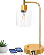 💡 vintage brass metal desk lamp with 2 usb ports & dimmable bedside reading light - golden industrial table lamp for bedroom, living room, office - includes e26 edison led bulb glass shade логотип