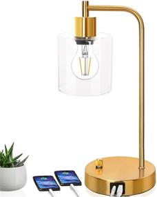 img 4 attached to 💡 Vintage Brass Metal Desk Lamp with 2 USB Ports & Dimmable Bedside Reading Light - Golden Industrial Table Lamp for Bedroom, Living Room, Office - Includes E26 Edison LED Bulb Glass Shade