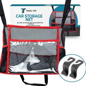 img 3 attached to 👜 Car Net Pocket Handbag Holder - Large Mesh Organizer for Car Front Seat - Travel Tidy Car Bag Holder - Safety Barrier with Car Hooks - Handbag Holder Between Seats (Red Trim)