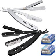 💈 barber straight razors set: 2-pack straight edge shaving razors with 100 double edge blades for men - ideal for salon and professional barbers, sleek black and silvery design logo