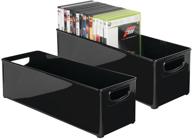 mdesign plastic video game organizer - game storage holder bin with handles for media console stand, closet shelf, tower, and bookshelves - holds discs, video games, headsets - 2 pack - black logo