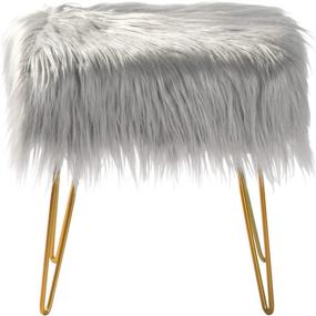 img 2 attached to 🪑 oneinmil 18inch Faux Fur Vanity Chair Fuzzy Fluzzy Stool Ottoman Foot Rest, Cute Seat for Bedroom, Gold Metal Legs, Rectangle Grey