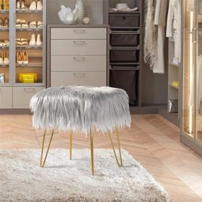 img 3 attached to 🪑 oneinmil 18inch Faux Fur Vanity Chair Fuzzy Fluzzy Stool Ottoman Foot Rest, Cute Seat for Bedroom, Gold Metal Legs, Rectangle Grey