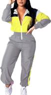 👗 stylish women colorblock one piece outfits: high-waist pants, long sleeve, zipper front windbreaker jumpsuit logo