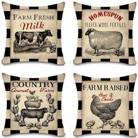 img 4 attached to 🐔 NYDECOR Rustic Farmhouse Pillow Covers Farm Animal Throw Pillow Case - Buffalo Plaid Sheep Chicken Pig Cow Country Cushion Cover for Couch Sofa - Cotton Linen 18x18 Set of 4