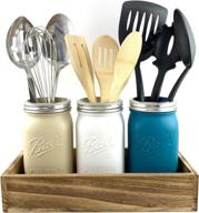 🏡 farmhouse-inspired large mason jar utensil holder - handcrafted chalk painted caddy set with rustic wood tray for kitchen decor - ideal for cooking utensils, countertops, and silverware логотип