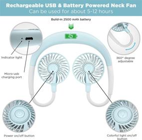 img 3 attached to 🌀 Portable USB Personal Sport Neck Fan - Duoai 2500mAh Battery Operated Small Hanging Rechargeable Foldable Mini Neckband Fans with Dual Head, 3 Speed, LED Light - Ideal for Women, Kids, Office, Travel, Outdoor Activities - Blue