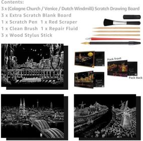 img 3 attached to 🌈 Rainbow Scratch Painting Kit for Adults & Kids - Craft Art Set with 7 Tools (Venice/Dutch Windmill/Cologne Cathedral) - Includes 16'' x 11.2'' Scratch Painting Paper and Sketch Pad - Creative Gift
