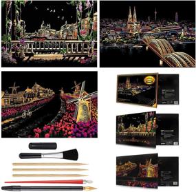 img 4 attached to 🌈 Rainbow Scratch Painting Kit for Adults & Kids - Craft Art Set with 7 Tools (Venice/Dutch Windmill/Cologne Cathedral) - Includes 16'' x 11.2'' Scratch Painting Paper and Sketch Pad - Creative Gift