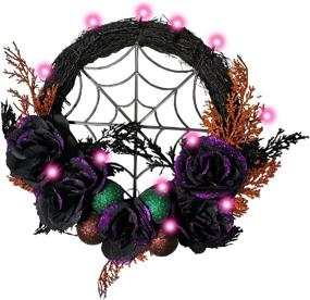 img 4 attached to 🎃 VONORAM Halloween Wreath with 20 LED Light Up Decorations - Black and Orange Front Door Décor featuring Rose and Ball Purple Lights