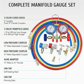 img 1 attached to 🚘 Upgrade Your Car AC System: Orion Motor Tech AC Gauge Set with Self-Sealing & Puncturing R134A Can Tap, Ideal for R134a R12 R22 R502 Refrigerants. Includes 5FT Hoses Adapter Adjustable Couplers, Freon Charge Kit for Effortless Maintenance