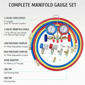 img 1 attached to 🚘 Улучшите свою автомобильную систему кондиционирования воздуха: Набор манометров AC Orion Motor Tech с самозакрывающимся и прокалывающимся клапаном R134A, идеально подходит для хладагентов R134a R12 R22 R502. Включает в себя шланги длиной 5 футов, переходник и регулируемые соединители, набор для заправки фреоном для легкого обслуживания.