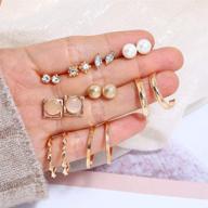 💎 boho crystal earring set: 9 pairs of gold pearl hoop studs, beaded cartilage earrings | dainty ear accessories for women and girls | sparkling jewelry logo