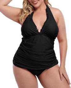 img 1 attached to 👙 LALAGEN Plus Size Tankini Swimsuit with Halter V Neck, Ruched Two-Piece Swimwear Bathing Suit for Women