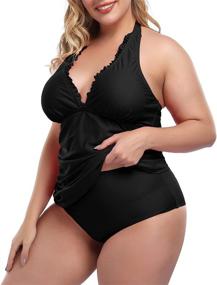 img 2 attached to 👙 LALAGEN Plus Size Tankini Swimsuit with Halter V Neck, Ruched Two-Piece Swimwear Bathing Suit for Women