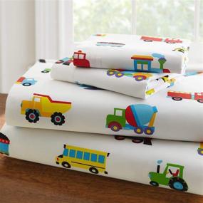 img 1 attached to 🚓 New 3pc Twin Size Sheet Set with Police Cars, Construction Trucks, Airplanes - Blue, Red, Yellow, Green, Black