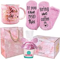 👩 boss lady gift set: 12oz gold pink ceramic coffee mug, funny socks, and gift bag - perfect for the best boss and boss lady. top-rated boss gifts for women. logo