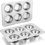 set of 2 stainless steel muffin pan cupcake pans by p&p chef - 6-cups - ideal for mini brownie tart quiches - healthy, durable, quick release, easy clean - dishwasher safe logo