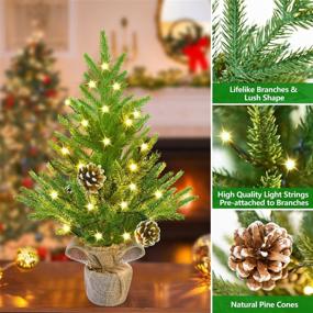 img 3 attached to 🎄 YoleShy 22.4" Mini Christmas Tree with Lights - Small Artificial Christmas Pine Tree Indoor Decorations | Tabletop Xmas Tree in Cloth Bag Base