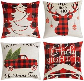 img 4 attached to 🎄 Set of 4 ReeQuo Christmas Throw Pillow Covers - 18x18 inch, Farmhouse Buffalo Plaid Holiday Pillow Cases for Sofa Couch, Christmas Home Outdoor Decorations