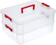 🔴 transparent stackable storage bin with handle lid - juxyes 2-tiers stack carry storage box for school & office supplies (red) logo