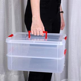 img 1 attached to 🔴 Transparent Stackable Storage Bin with Handle Lid - JuxYes 2-Tiers Stack Carry Storage Box for School & Office Supplies (Red)