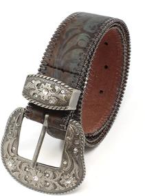 img 1 attached to 🧣 Turquoise Tinted Embossed Brown Leather Belt with Western Scroll Buckle