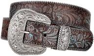 🧣 turquoise tinted embossed brown leather belt with western scroll buckle logo