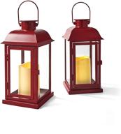 red outdoor lanterns with solar candles - set of 2, 11 inch tall, wedding or christmas patio decor, waterproof metal, flickering led flameless candles - includes batteries logo