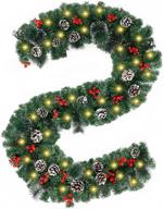 🎄 9.8 ft christmas garland with 100 battery-powered led lights, branches, real pine cones, red berries, pine needles for festival decorations indoors outdoors, home mantle, fireplace in warm white logo