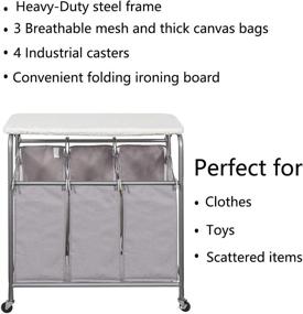 img 3 attached to 🧺 Grey Triple Laundry Sorter Cart with Ironing Board and Removable Bags, Heavy-Duty Rolling Laundry Hamper with Wheels - STORAGE MANIAC