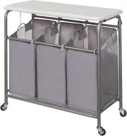 🧺 grey triple laundry sorter cart with ironing board and removable bags, heavy-duty rolling laundry hamper with wheels - storage maniac logo