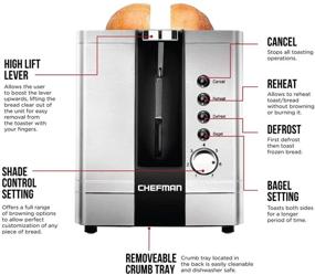 img 3 attached to 🍞 Chefman Stainless Steel 2-Slice Pop-Up Toaster with 7 Shade Settings, Extra Wide Bagel Slots, Defrost/Reheat/Cancel Functions, Removable Crumb Tray, 850W, 120V, Silver (Standard Pack)