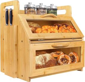 img 4 attached to 🍞 2 Layer Bamboo Wood Bread Box: Spacious Countertop Container with Tool Holder & Window for Homemade Bread