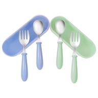 kirecoo baby utensil set, 2 sets stainless steel toddler forks and spoons, 👶 toddler silverware kids flatware set for self-feeding with travel carrying cases for lunch box (blue＆green) logo
