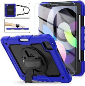 img 4 attached to 🔵 iPad Air 4th Generation Case - Full Body Protective Case with Tempered Glass, Pencil Holder, Kickstand & Hand Strap - Blue