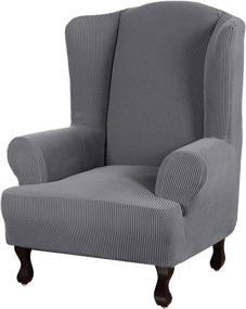 img 4 attached to 🪑 Turquoize Stretch Wingback Chair Slipcover: 1-Piece Grey Wing Chair Cover with Washable Spandex Jacquard Fabric and Non-Slip Elastic Bottom