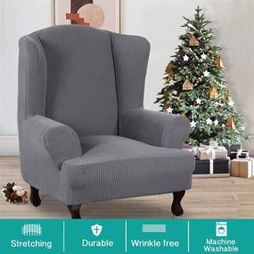 img 3 attached to 🪑 Turquoize Stretch Wingback Chair Slipcover: 1-Piece Grey Wing Chair Cover with Washable Spandex Jacquard Fabric and Non-Slip Elastic Bottom