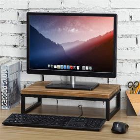 img 3 attached to Rustic Brown Wood Desk Monitor Stand with Black 🖥️ Metal Legs: Laptop Riser and Desktop Display Shelf by MyGift