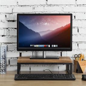 img 2 attached to Rustic Brown Wood Desk Monitor Stand with Black 🖥️ Metal Legs: Laptop Riser and Desktop Display Shelf by MyGift