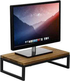 img 4 attached to Rustic Brown Wood Desk Monitor Stand with Black 🖥️ Metal Legs: Laptop Riser and Desktop Display Shelf by MyGift