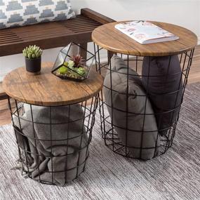 img 4 attached to 🪑 Vintage-Look Wood Veneer and Black Metal Round End Tables with Storage - Set of 2, in Dark Brown by Lavish Home