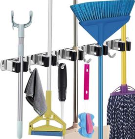 img 4 attached to 🧹 Wall Mounted Mop Broom Holder - Heavy Duty Stainless Steel with 5 Racks, 4 Hooks, and 1 Separated Hook Included - Ideal for Laundry Room, Home, Garage (Black)