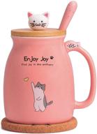 🐱 cute cat cup ceramic coffee mug with kawaii cat wooden lid, adorable stainless steel spoon, anime kitty thicken wooden coaster, perfect christmas birthday gift cute thing japanese mug 480ml (pink) logo